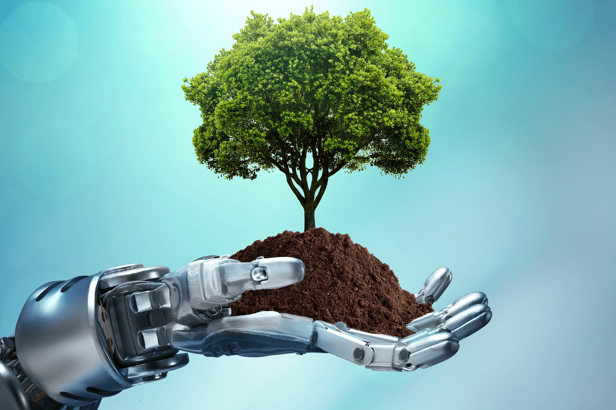 Una mano robótica de la que crece un árbol