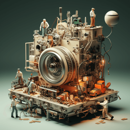 La imagen muestra una cámara fotográfica compleja y detallada con componentes expuestos, similar a una maqueta o diorama. Hay pequeñas figuras humanas trabajando y explorando diferentes partes de la cámara, desde el objetivo hasta las entrañas de la máquina. Una de las figuras sostiene un globo en la parte superior. El ambiente sugiere una operación o reparación en curso con herramientas y papeles esparcidos alrededor.