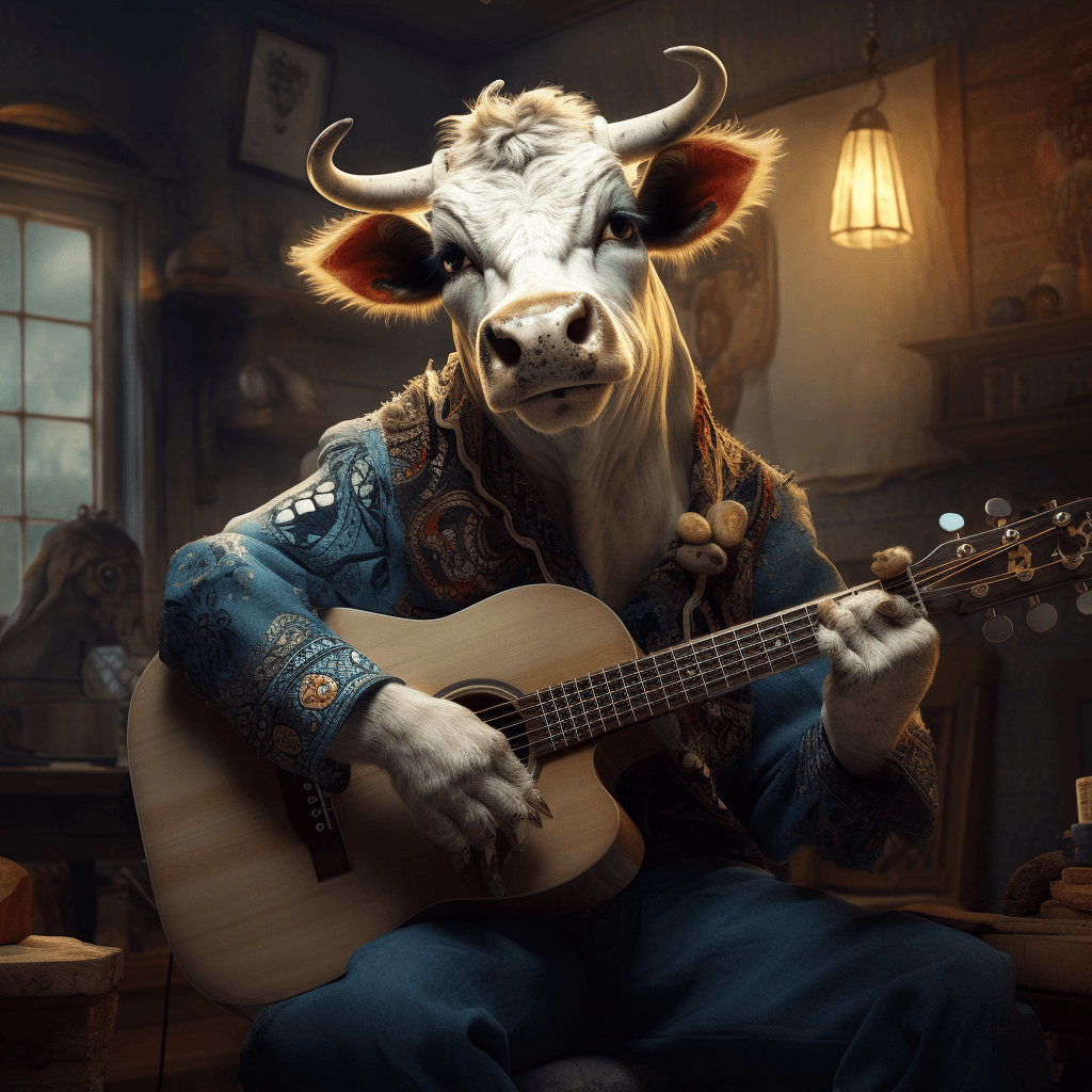 Una vaca blanca con cuernos tocando una guitarra en una habitación vintage, vestido con ropas ornamentadas y una pulsera detallada