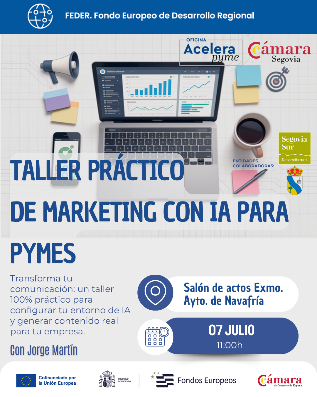 Cartel del Taller práctico de marketing con IA para Pymes en Navafría, Segovia, organizado por la Oficina Acelera Pyme y la Cámara de Comercio de Segovia