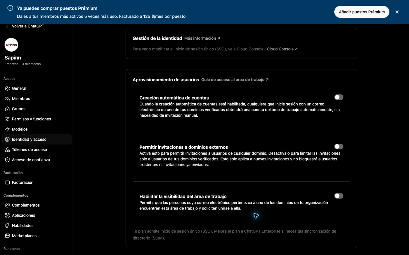 Sección de aprovisionamiento de usuarios en Identidad y acceso de ChatGPT Business.